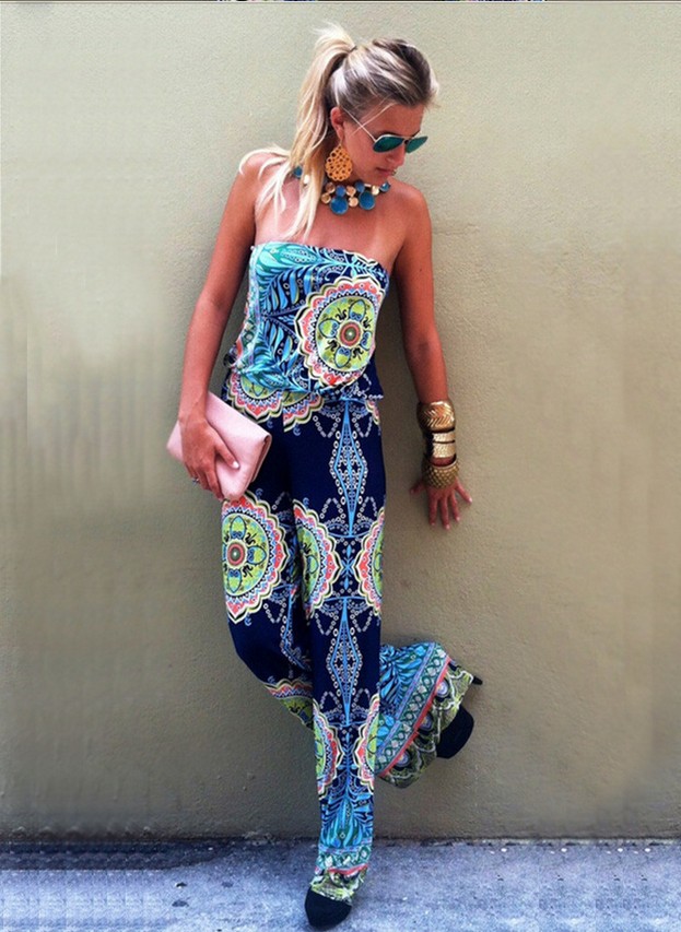 F2438-2 Blue Tribal Print Strapless Wide Leg Jumpsuit